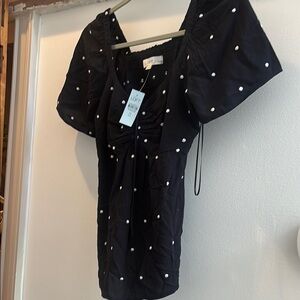 LOFT Black and White Puff Sleeve Smocked Blouse